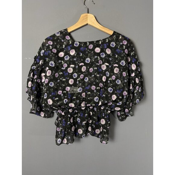 THE KOOPLES Womens Size 2 Black/Purple Peony Floral Silk Chiffon Blouse Top NEW - Picture 5 of 11